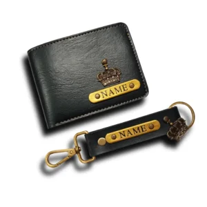 Customized black men’s wallet and keychain combo with name badge by CUG