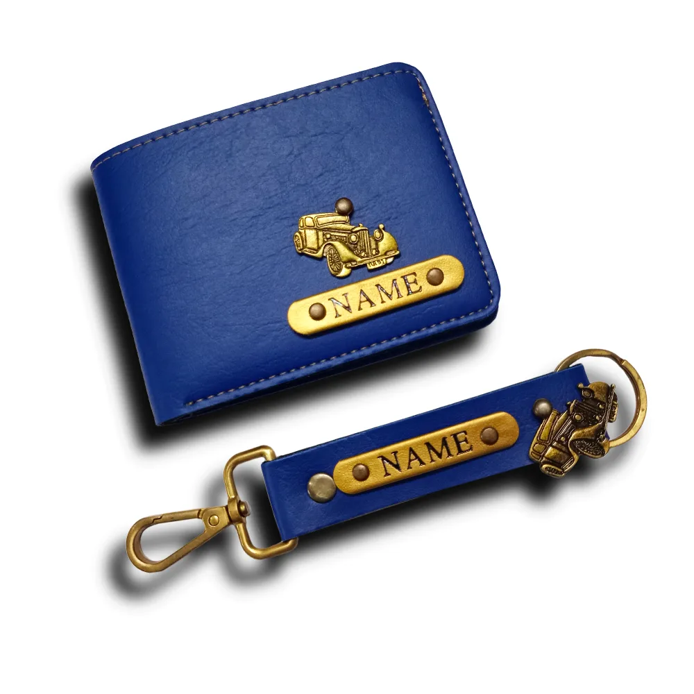 Customized blue men’s wallet and keychain combo with name badge by CUG