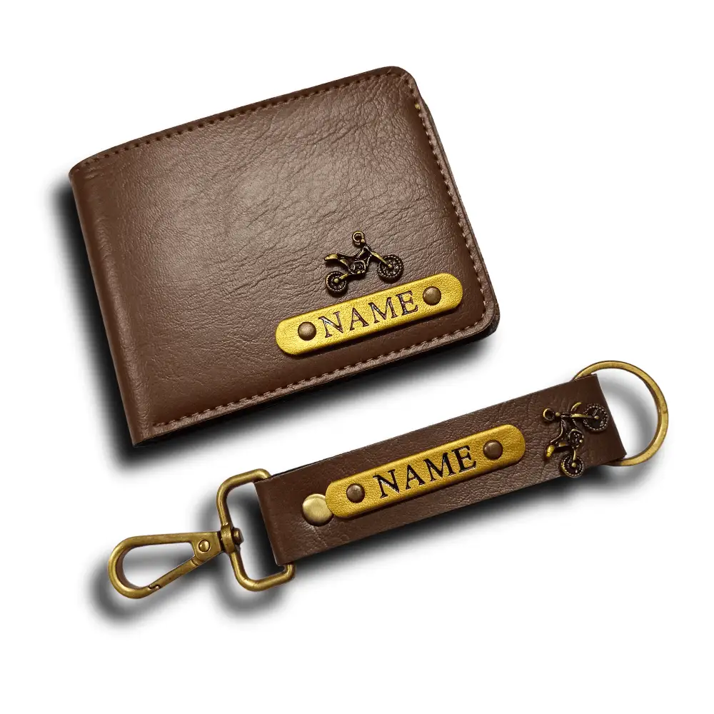Customized brown men’s wallet and keychain combo with name badge by CUG