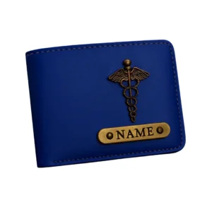 Customized blue men’s wallet with name badge and medical symbol charm by CUG