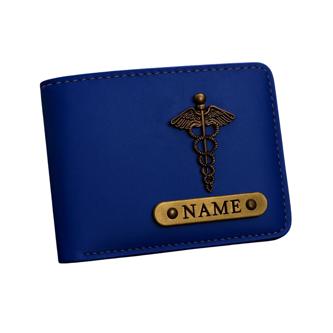 Customized blue men’s wallet with name badge and medical symbol charm by CUG