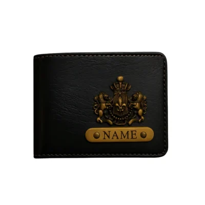 Customized black men’s wallet with name badge and royal emblem charm by CUG
