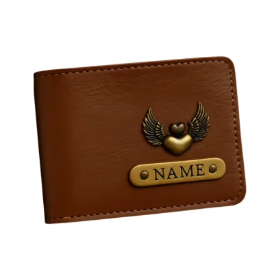 Customized tan men’s wallet with name badge and winged heart charm by CUG