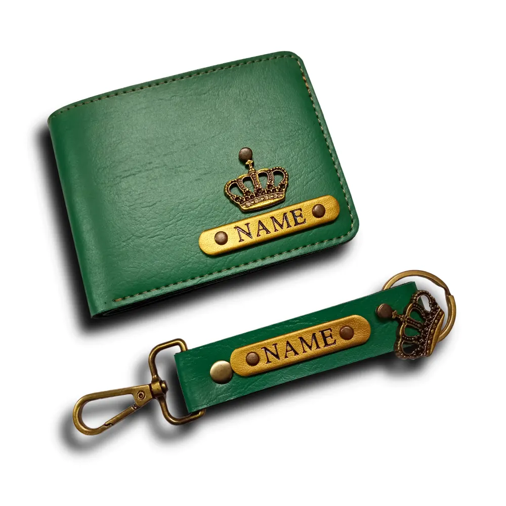 Customized green men’s wallet and keychain combo with name badge by CUG