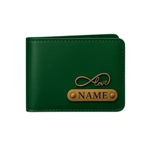 Customized green men’s wallet with name badge and infinity love charm by CUG
