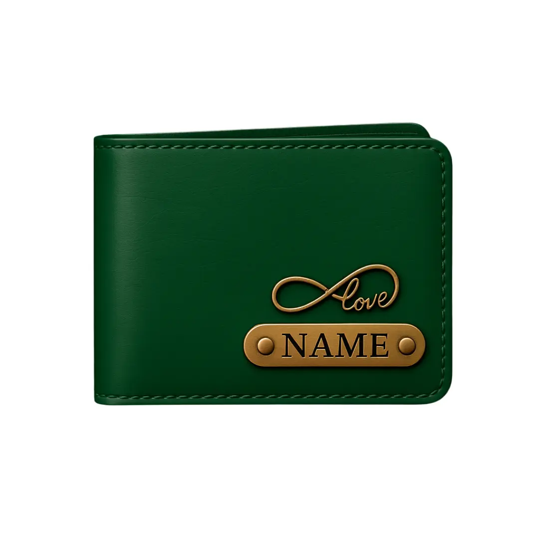 Customized green men’s wallet with name badge and infinity love charm by CUG