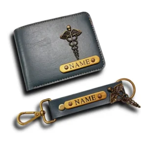 Customized grey men’s wallet and keychain combo with name badge by CUG