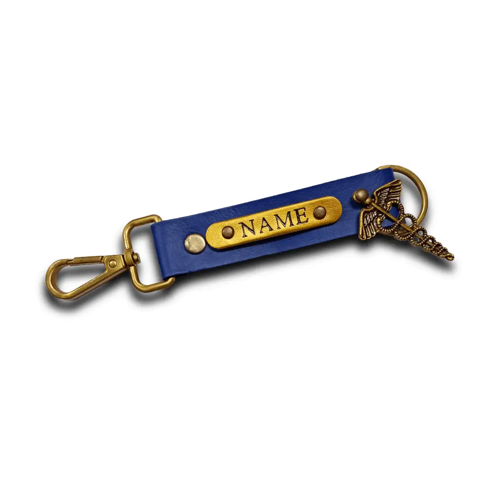 Customized Blue Keychain with Name & Medical Charm | CUG Customized blue keychain with name badge and medical symbol charm by CUG