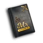 Customized black passport cover with name engraving and airplane charm by CUG