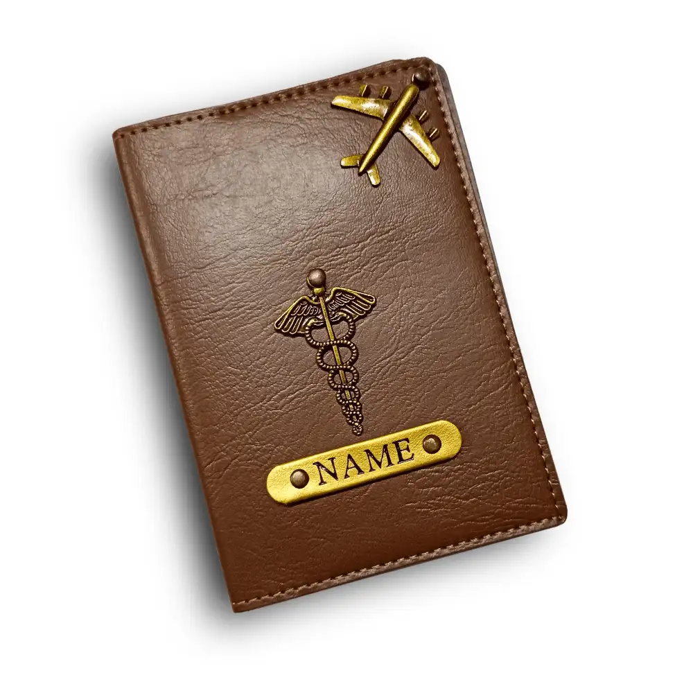 Customized Brown Passport Cover with Name & Airplane Charm | CUG Customized brown passport cover with name engraving and airplane charm by CUG