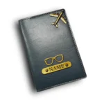 Customized grey passport cover with name engraving and spectacles charm by CUG