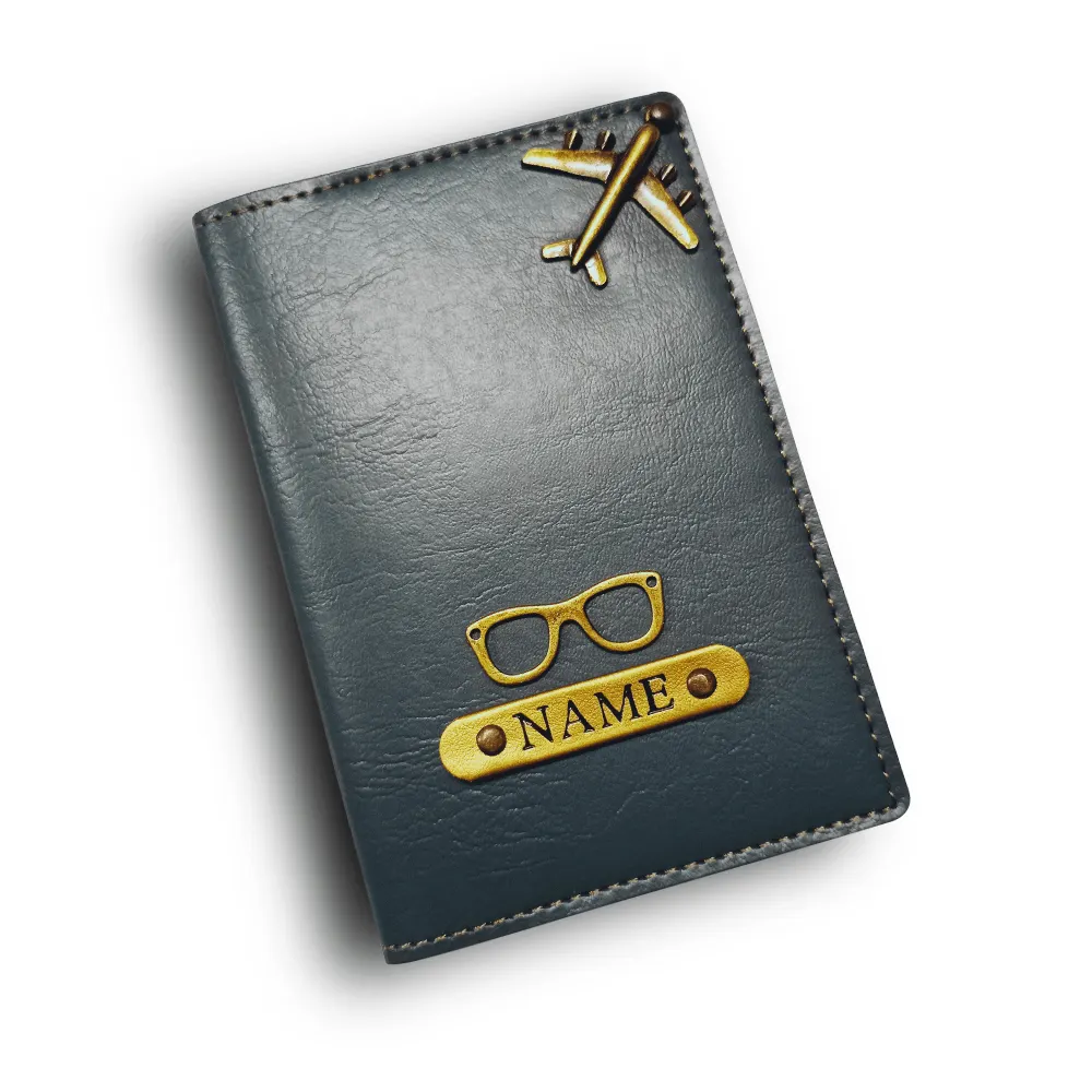 Customized Grey Passport Cover with Name & Spectacles Charm | CUG Customized grey passport cover with name engraving and spectacles charm by CUG