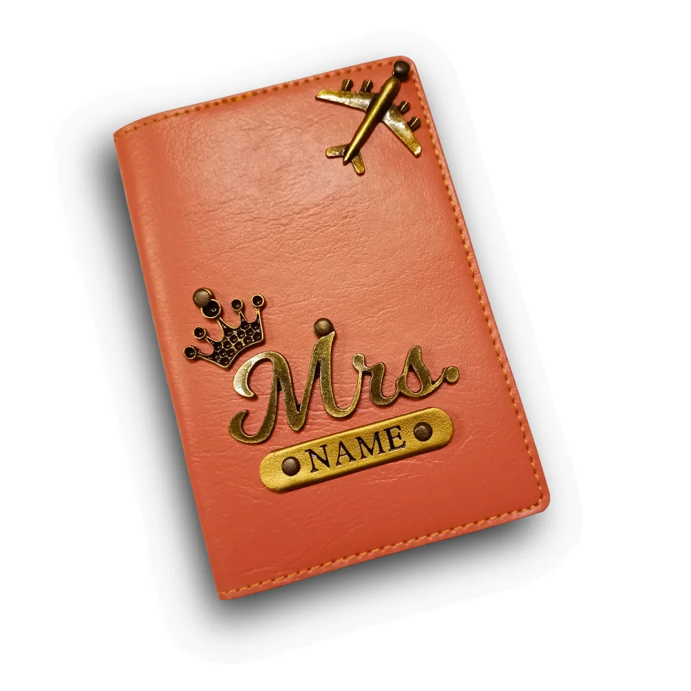 Customized Peach Passport Cover with Name & Airplane Charm | CUG Customized peach passport cover with name engraving and airplane charm by CUG
