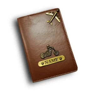 Customized tan passport cover with name engraving and motorcycle charm by CUG