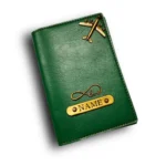 Customized green passport cover with name engraving and airplane charm by CUG