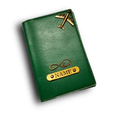 Customized green passport cover with name engraving and airplane charm by CUG