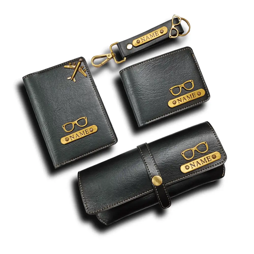 Grey customized passport cover wallet keychain and sunglass cover combo