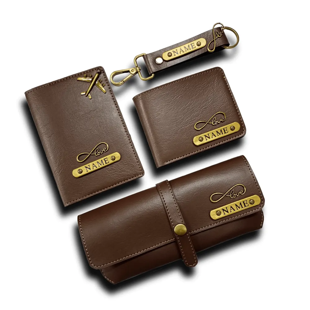 Brown customized passport cover wallet keychain and sunglass cover combo