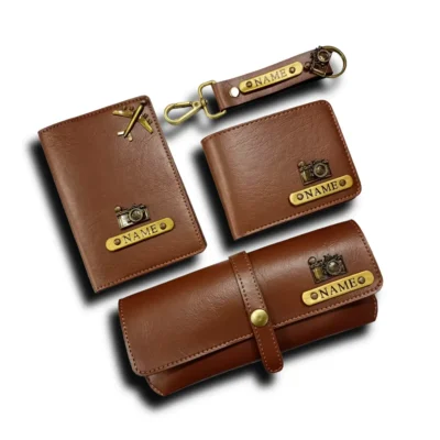 Tan customized passport cover wallet keychain and sunglass cover combo set