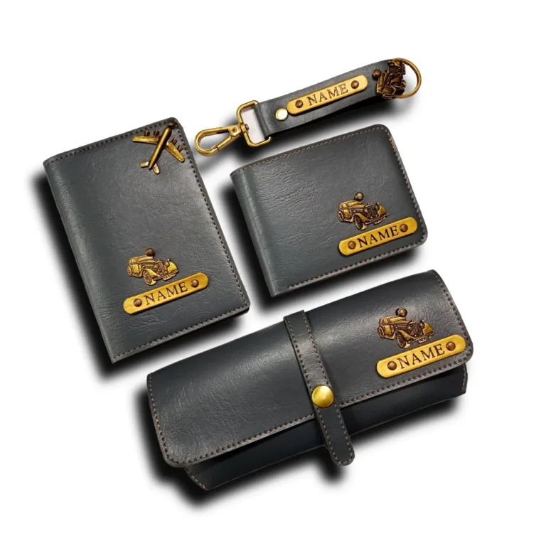 Grey customized passport cover wallet keychain and sunglass cover combo by CUG