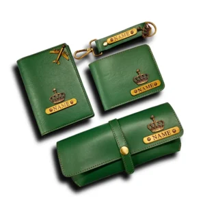 Green customized passport cover wallet keychain and sunglass cover combo by CUG