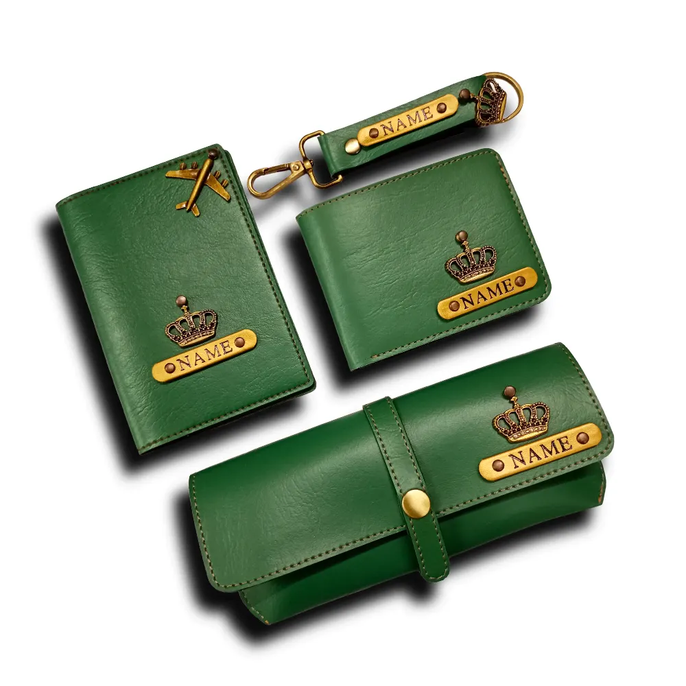 Green customized passport cover wallet keychain and sunglass cover combo by CUG