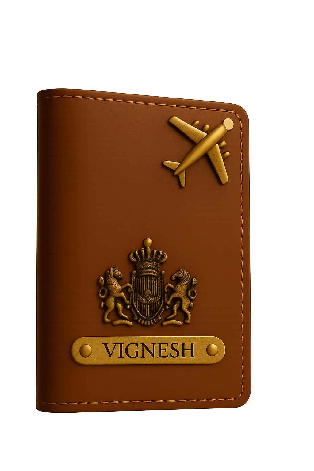Brown premium leather passport wallet with gold airplane emblem, royal crest, and VIGNESH nameplate on a clean background