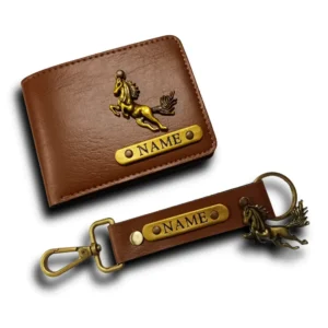 Customized tan men’s wallet and keychain combo with name badge by CUG