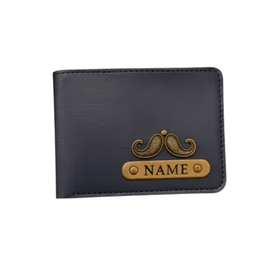 Customized grey men’s wallet with name badge and moustache charm by CUG